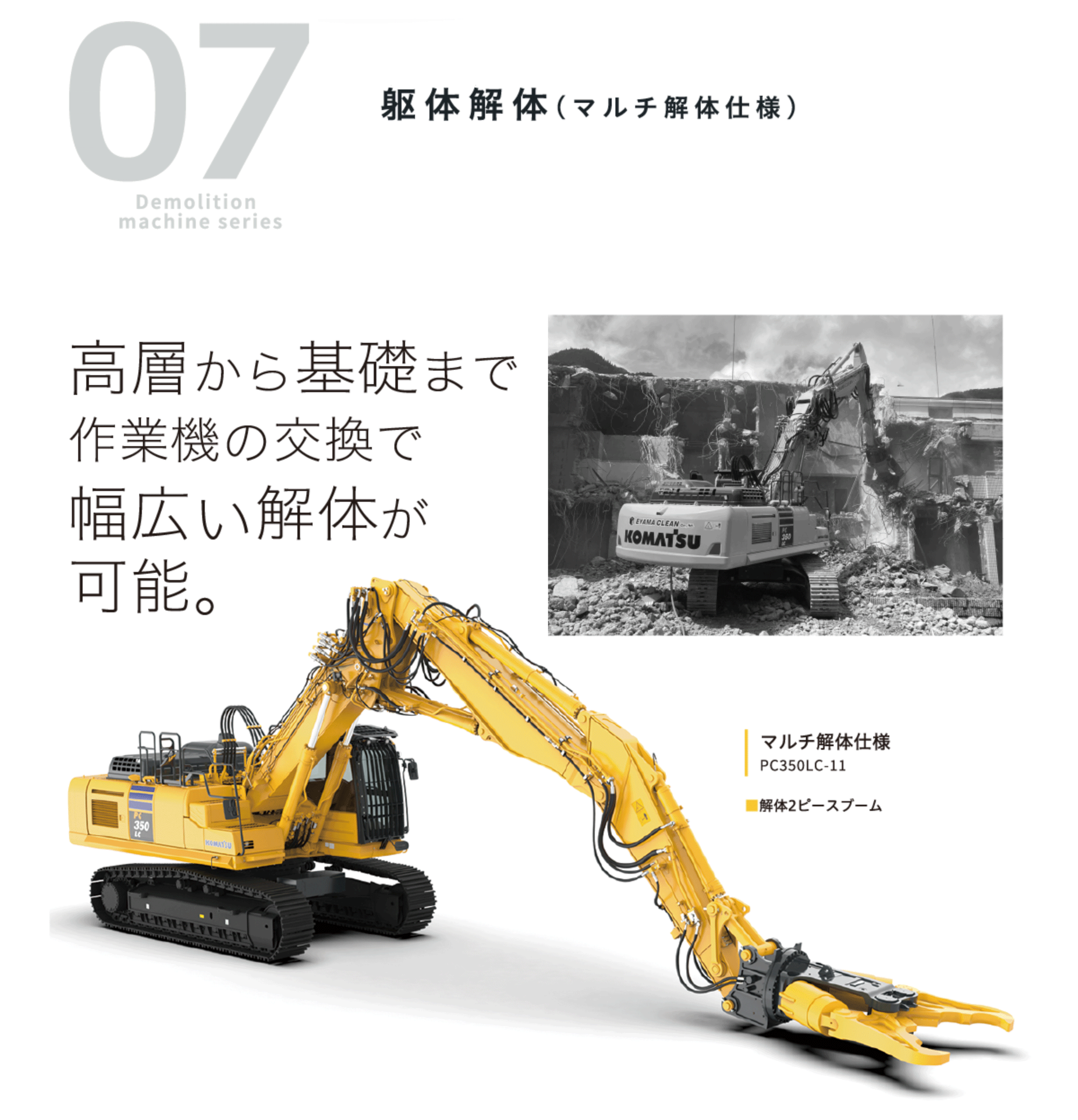 07 Demolition machine series 躯体解体（マルチ解体仕様）高層から基礎まで作業機の交換で幅広い解体が可能。マルチ解体仕様 PC350LC-11 ■解体2ピースブーム